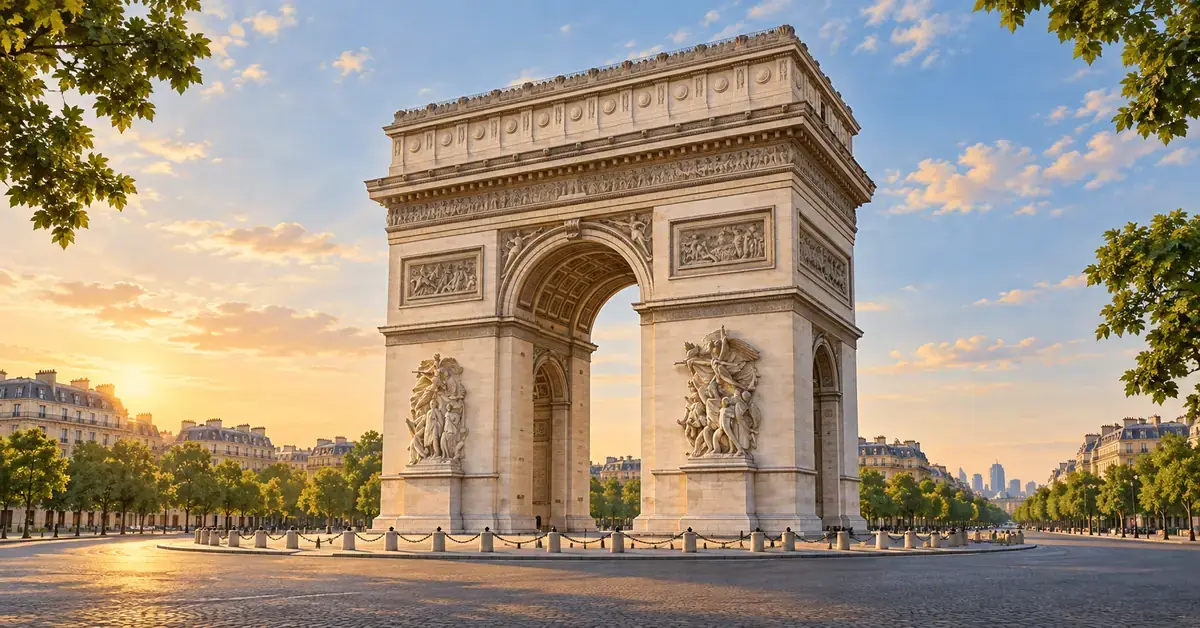 Illustrasjon av Triumfbuen i Paris i varmt kveldslys, omgitt av grønne trær og klassiske bygårder.